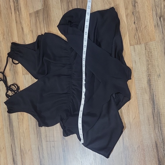 ASTR The Label - Black Sheer Overlay V-Neck Sleeveless Ruffle Embellished Romper - Picture 13 of 16